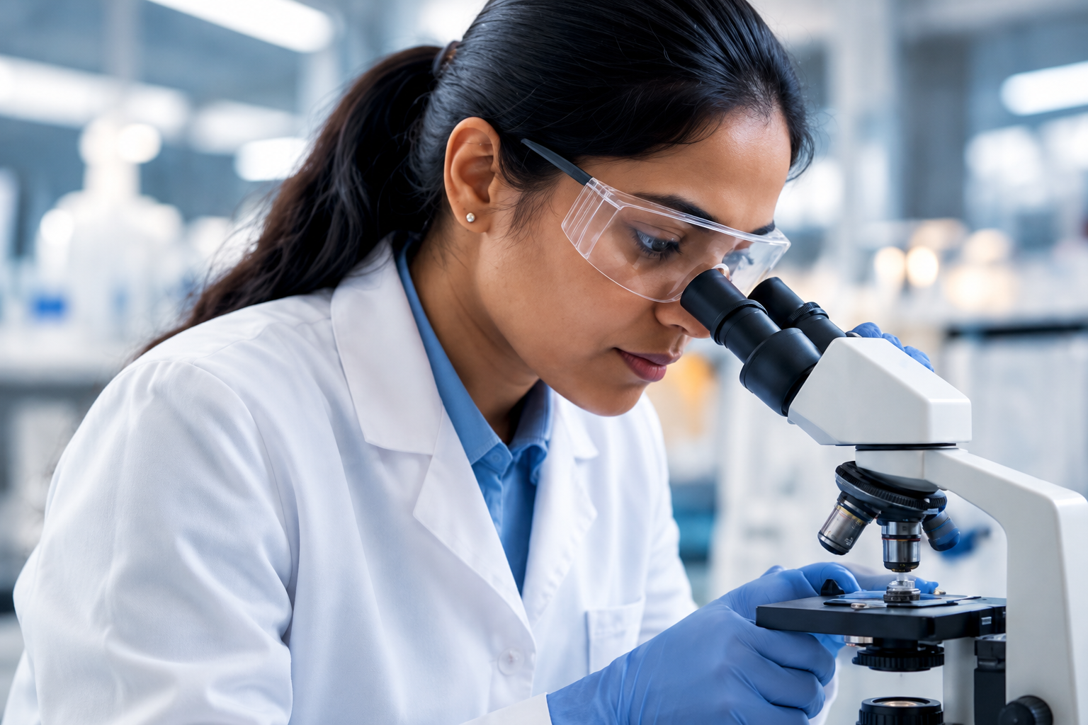 Scientist examining a sample under a microscope