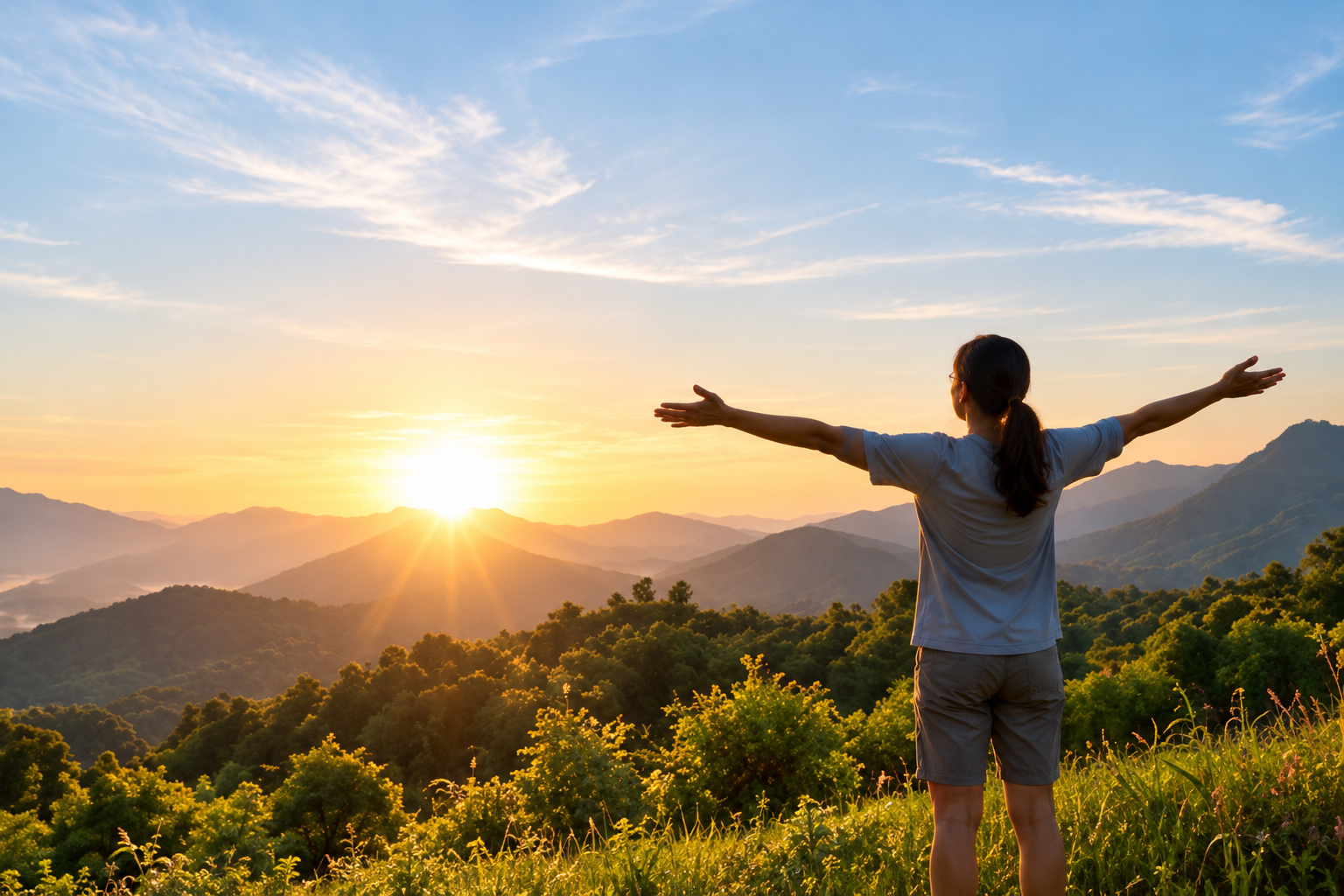 Person looking out over green hills at sunrise