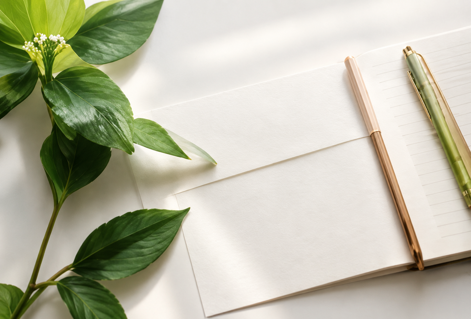 Notebook and pen on a wooden desk with green leaves