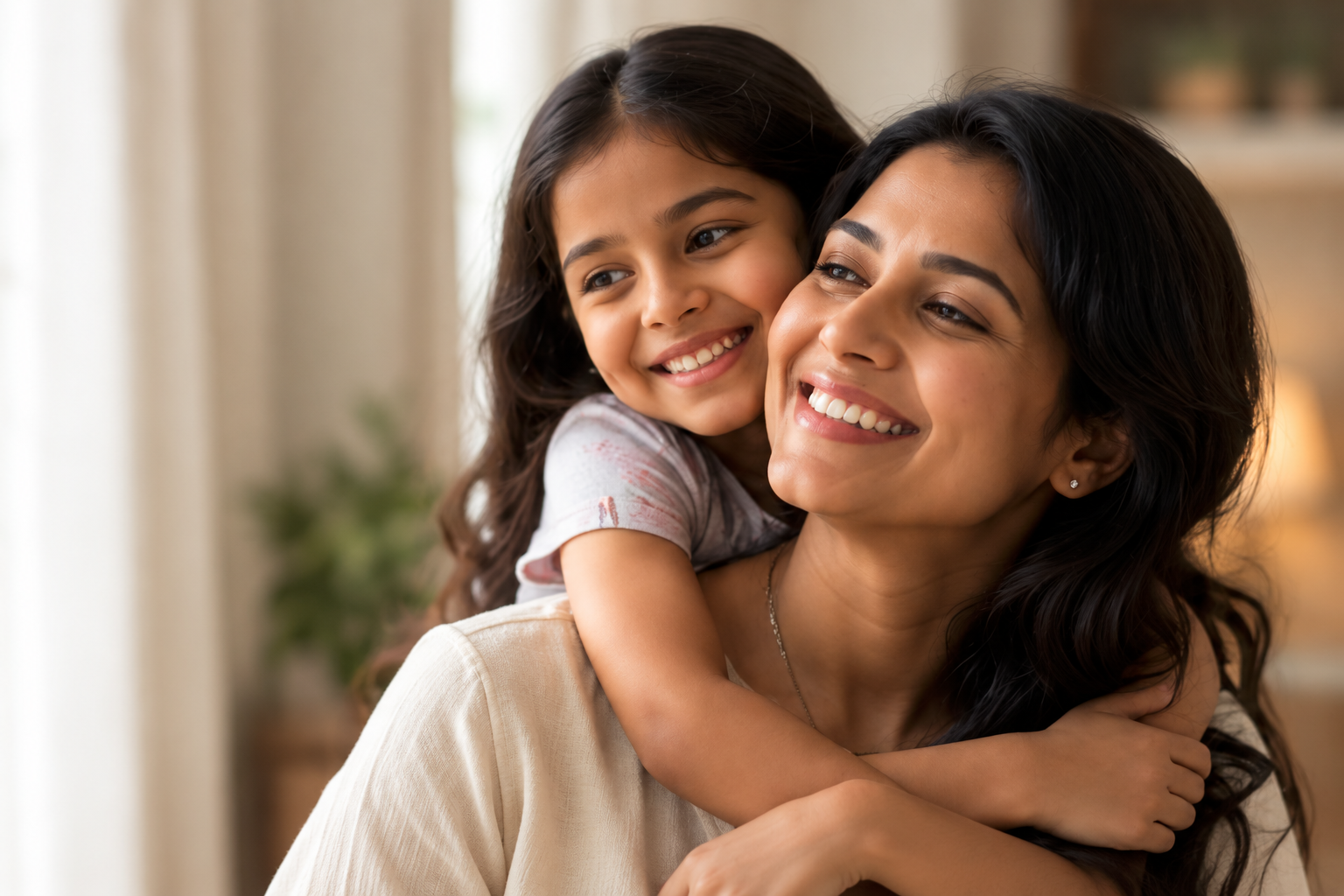 Mother and daughter smiling together