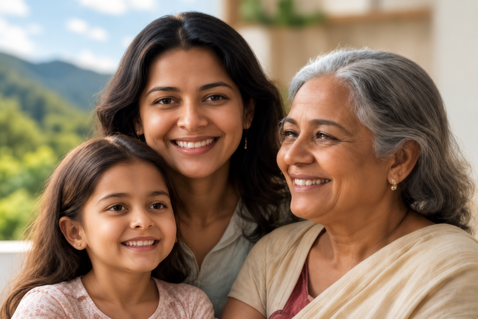 Three generations of an Indian family smiling